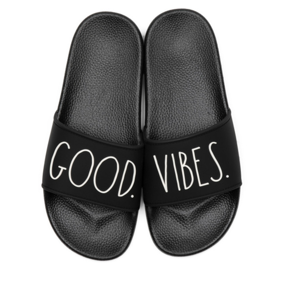 RAE DUNN Good Vibes Slides Black 8 - Picture 1 of 3